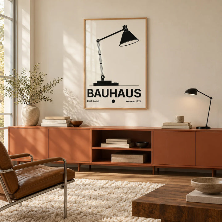 Lamp Poster, framed on the wall of a warm minimal room with a cream wall and a shaggy cream rug in a home office