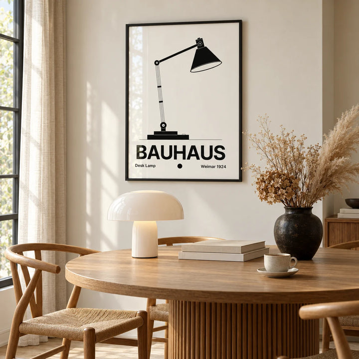 Lamp Poster, framed on the wall of a warm in a dining room