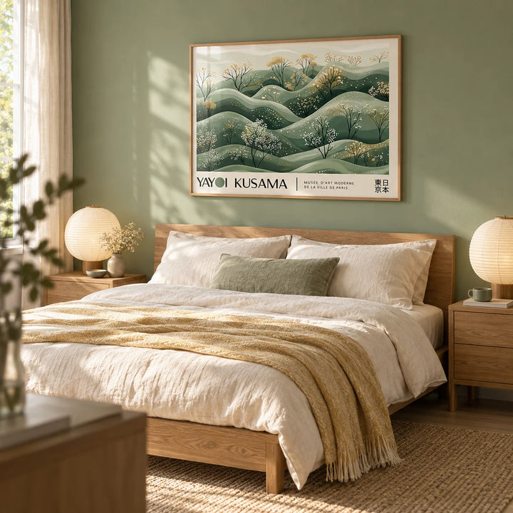 Landscape Art Prints, framed on the wall of a calm bedroom with a soft sage green wall