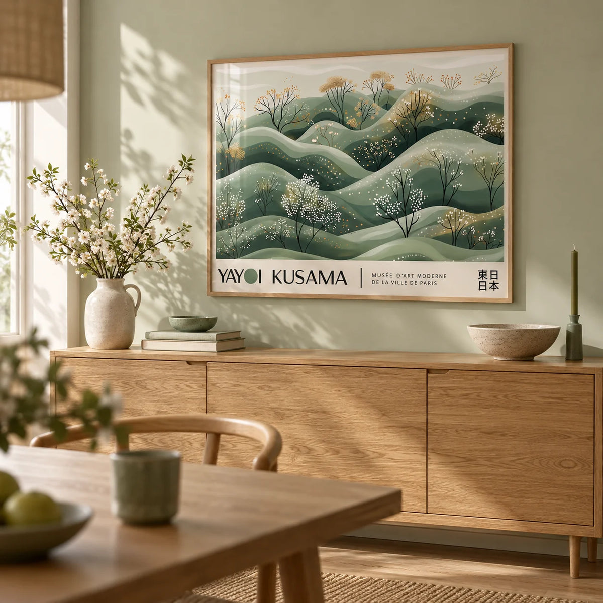 Landscape Art Prints, framed on the wall of a calm dining room with a pale sage wall