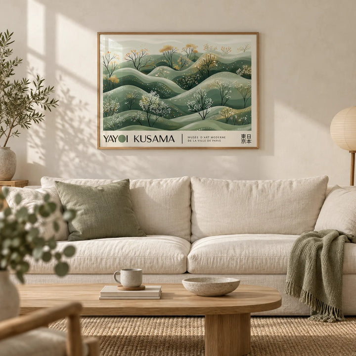 Landscape Art Prints, framed on the wall of a calm Japandi living room with a warm white limewashed wall and a pale oak floor