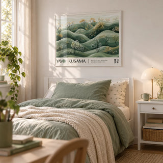 Landscape Art Prints, framed on the wall of a calm single bedroom for a teen girl (13-17) with a white wall