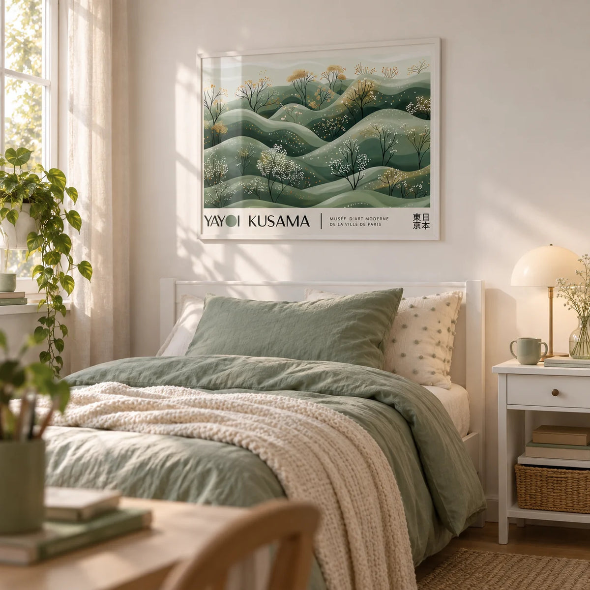 Landscape Art Prints, framed on the wall of a calm single bedroom for a teen girl (13-17) with a white wall
