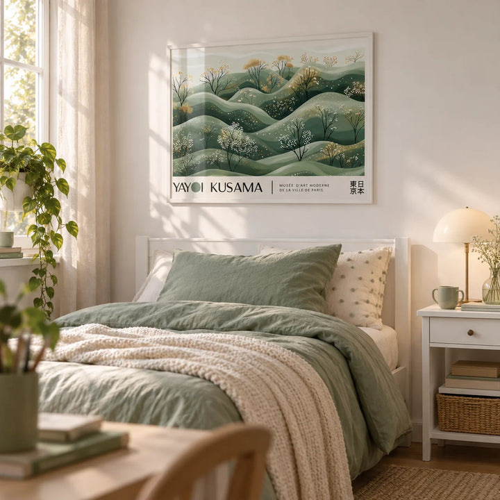 Landscape Art Prints, framed on the wall of a calm single bedroom for a teen girl (13-17) with a white wall