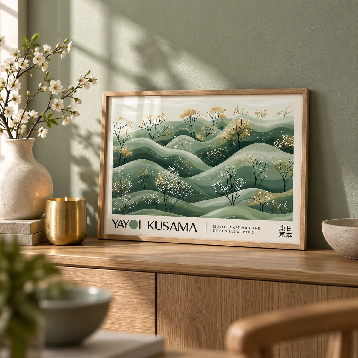 Landscape Art Prints, a small A4 framed print leaning on a low oak sideboard in a living room