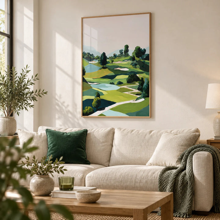 Landscape Golfing Poster, framed on the wall of a calm living room