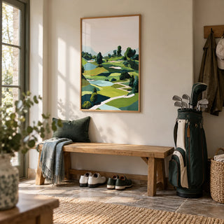 Landscape Golfing Poster, framed on the wall of a country boot room in a hallway