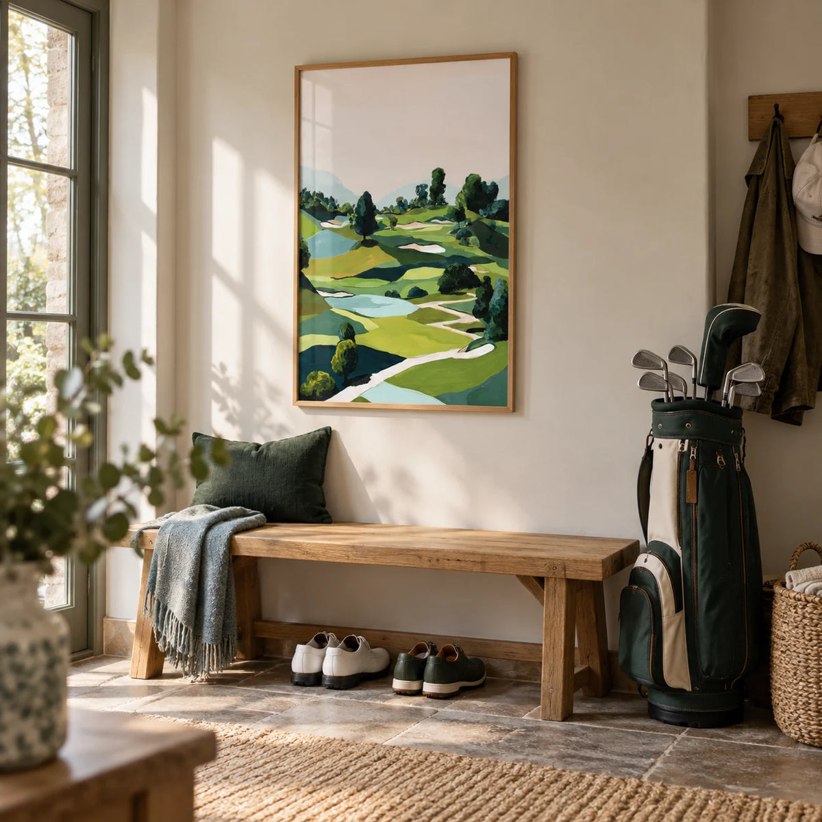 Landscape Golfing Poster, framed on the wall of a country boot room in a hallway