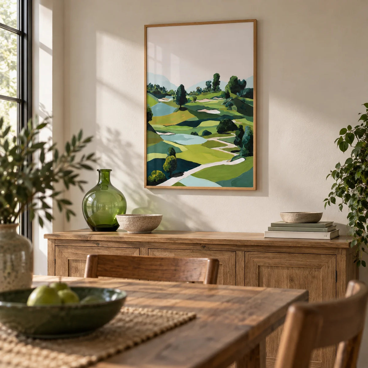 Landscape Golfing Poster, framed on the wall of a country dining room