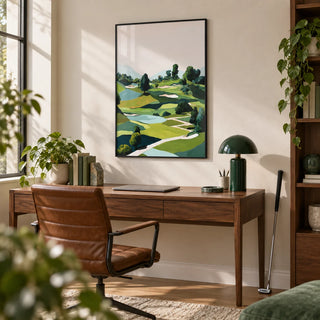 Landscape Golfing Poster, framed on the wall of a home office