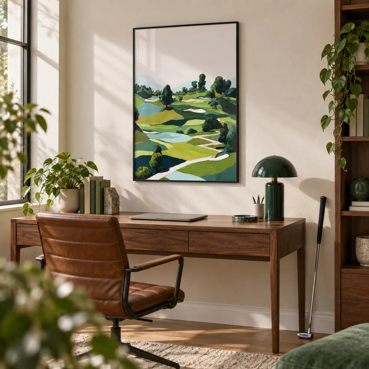 Landscape Golfing Poster, framed on the wall of a home office