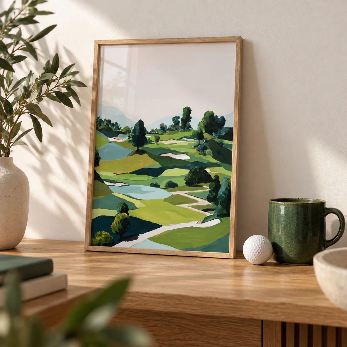 Landscape Golfing Poster, a small A4 framed print leaning on an oak shelf in a living room