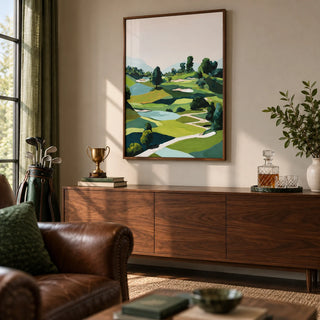 Landscape Golfing Poster, framed on the wall of a warm golfer's den in a living room