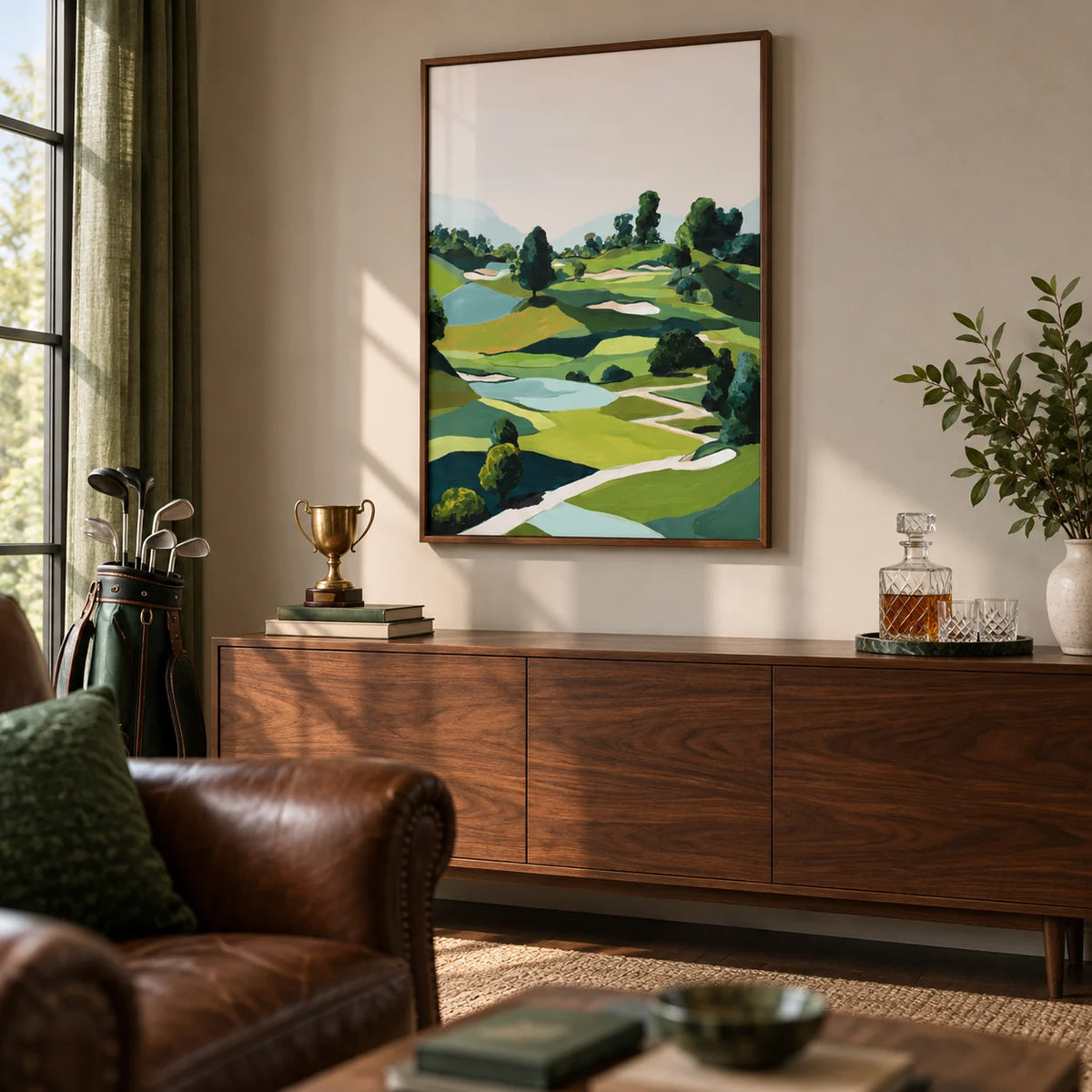 Landscape Golfing Poster, framed on the wall of a warm golfer's den in a living room