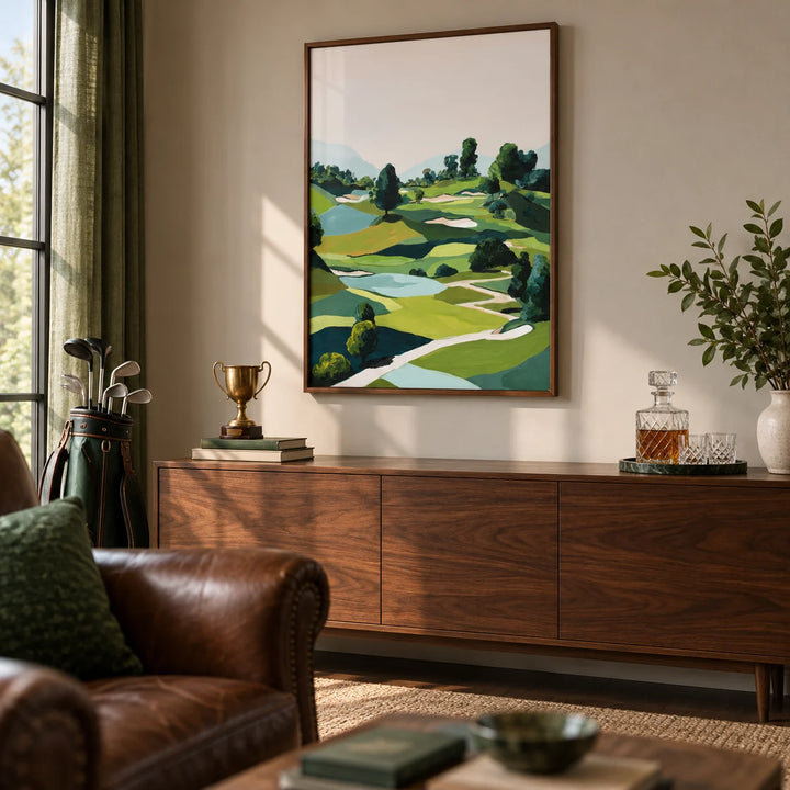 Landscape Golfing Poster, framed on the wall of a warm golfer's den in a living room
