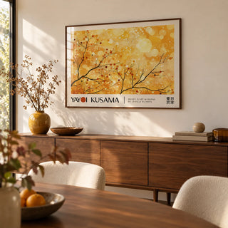 Landscape Poster, framed on the wall of a modern dining room with a warm white wall