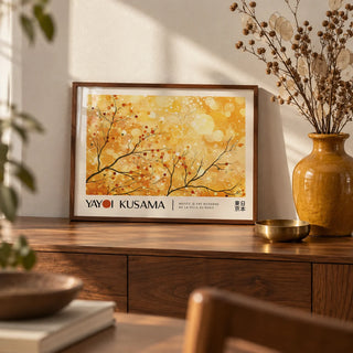 Landscape Poster, a small A4 framed print leaning on a walnut sideboard in a living room