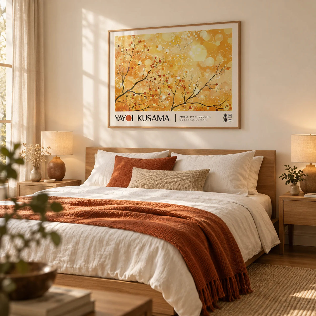 Landscape Poster, framed on the wall of a warm calm bedroom with a soft cream wall