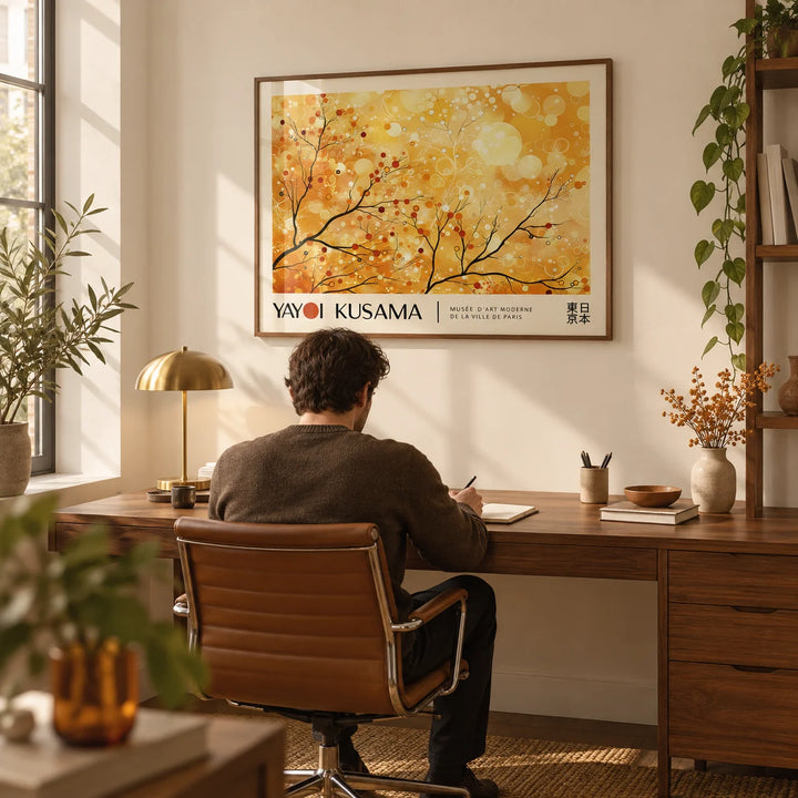Landscape Poster, framed on the wall of a warm design-led home office with a pale cream wall