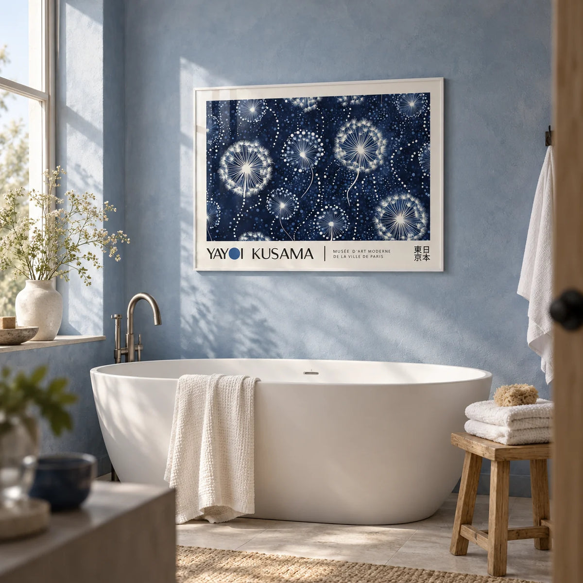 Landscape Posters, framed on the wall of a calm modern bathroom with a soft blue plaster wall