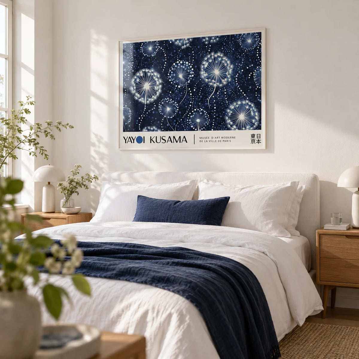 Landscape Posters, framed on the wall of a fresh bedroom with a white wall