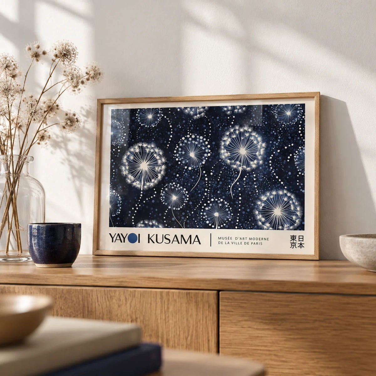 Landscape Posters, a small A4 framed print leaning on an oak sideboard in a living room