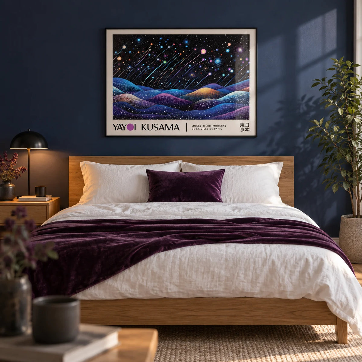Landscape Prints, framed on the wall of a calm modern bedroom with a deep navy painted wall