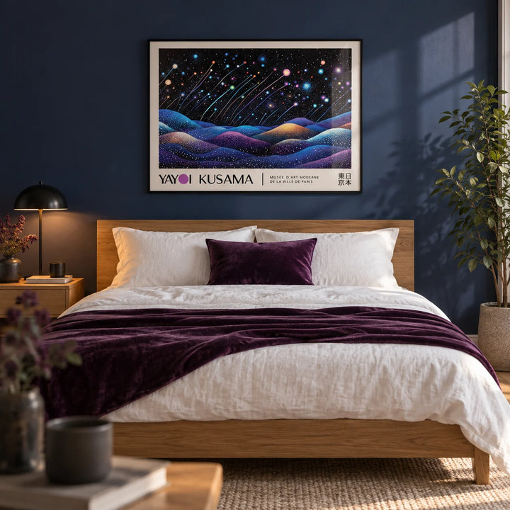 Landscape Prints, framed on the wall of a calm modern bedroom with a deep navy painted wall