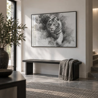 Landscape Tiger Print, framed on the wall of a modern hallway with a white wall and a grey stone floor