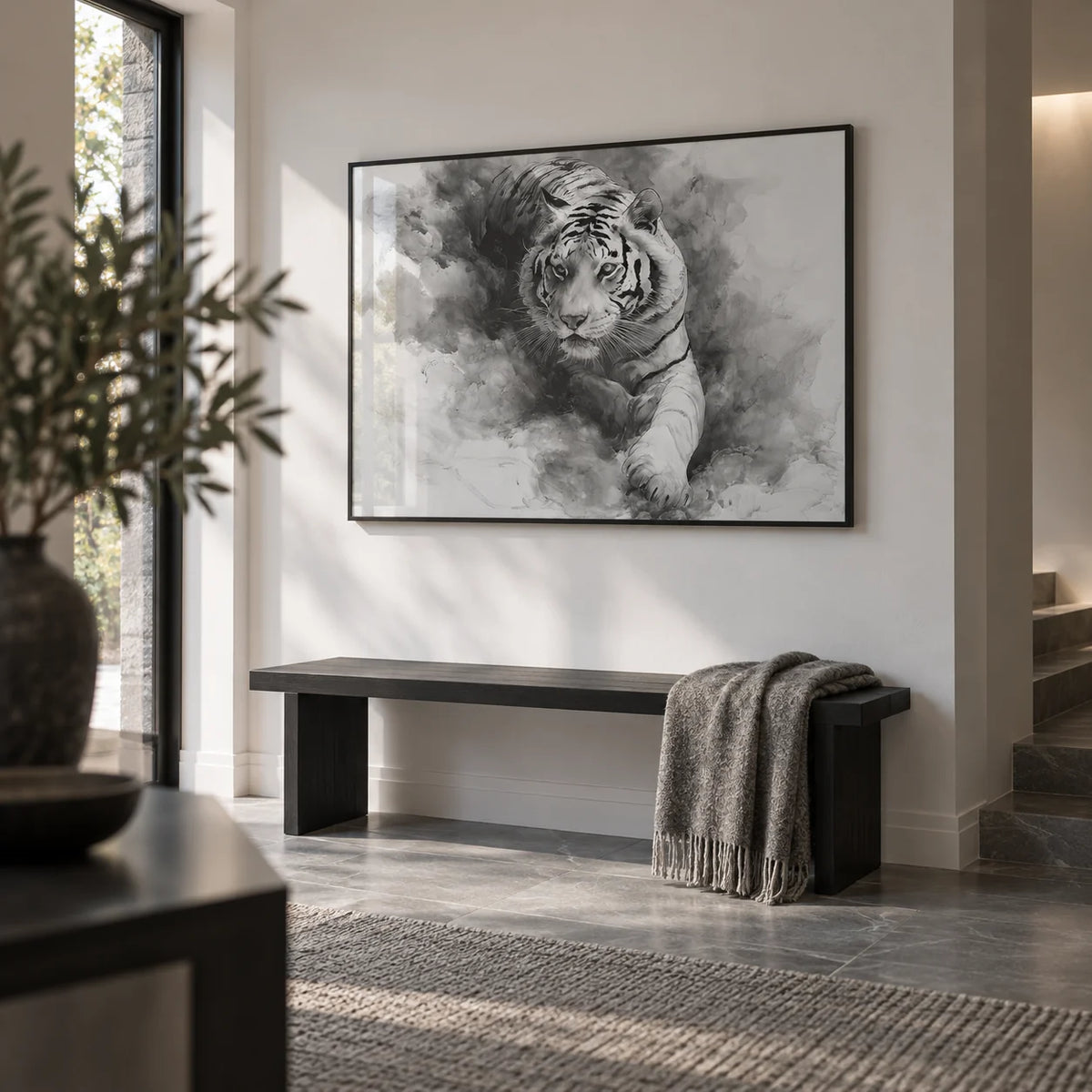 Landscape Tiger Print, framed on the wall of a modern hallway with a white wall and a grey stone floor