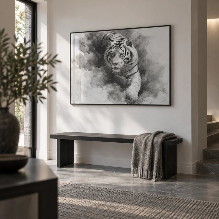 Landscape Tiger Print, framed on the wall of a modern hallway with a white wall and a grey stone floor