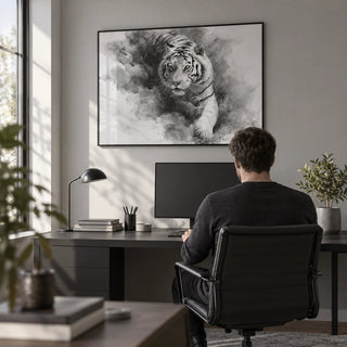 Landscape Tiger Print, framed on the wall of a modern home office with a light grey wall