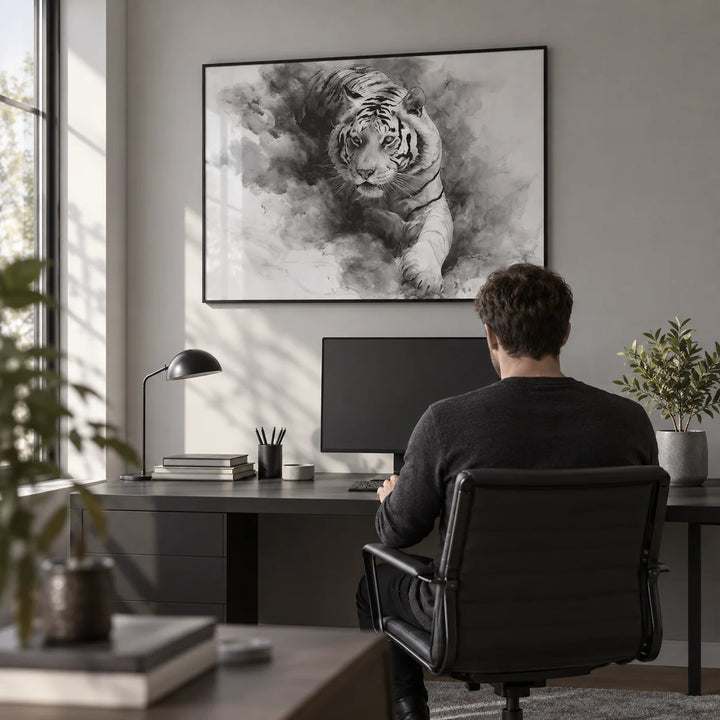 Landscape Tiger Print, framed on the wall of a modern home office with a light grey wall