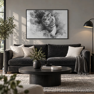 Landscape Tiger Print, framed on the wall of a modern living room with a soft grey wall and a dark oak floor