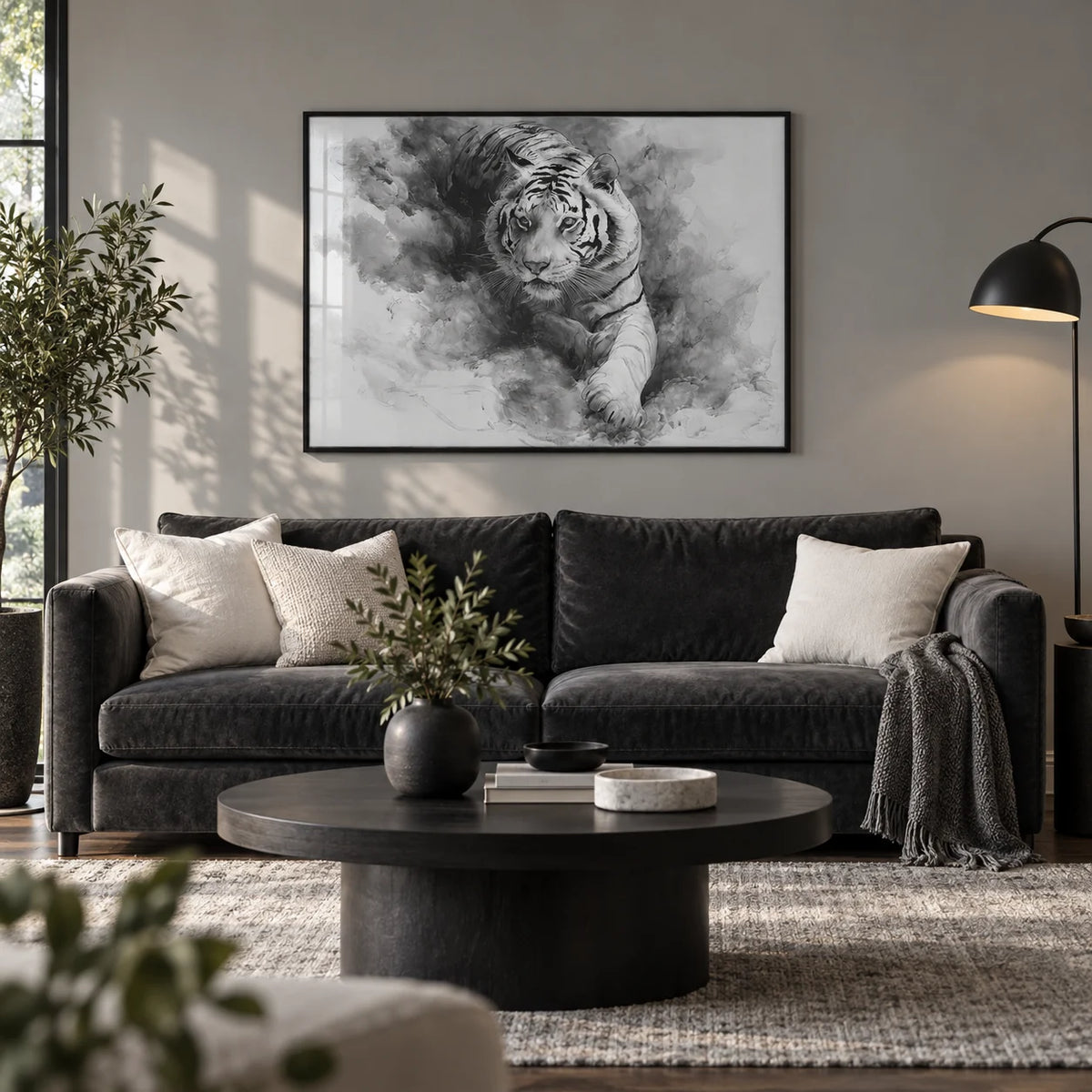 Landscape Tiger Print, framed on the wall of a modern living room with a soft grey wall and a dark oak floor