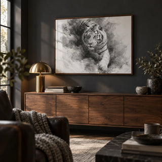 Landscape Tiger Print, framed on the wall of a moody den with a plain charcoal wall in a living room