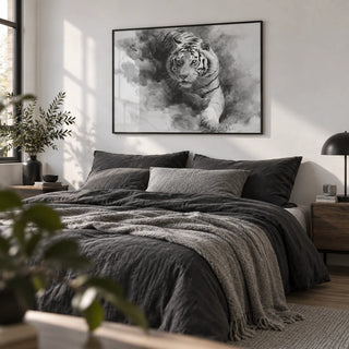 Landscape Tiger Print, framed on the wall of a stylish young adult's bedroom (20-28) with a plain white wall