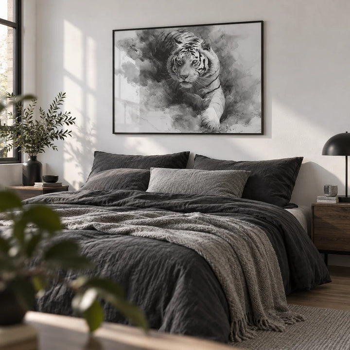 Landscape Tiger Print, framed on the wall of a stylish young adult's bedroom (20-28) with a plain white wall