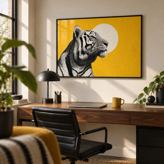 Landscape Tiger Wall Art, framed on the wall of a bold home office