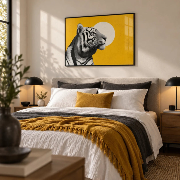 Landscape Tiger Wall Art, framed on the wall of a crisp modern bedroom