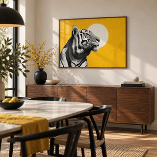 Landscape Tiger Wall Art, framed on the wall of a modern dining room