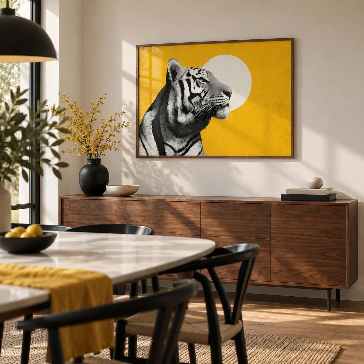 Landscape Tiger Wall Art, framed on the wall of a modern dining room
