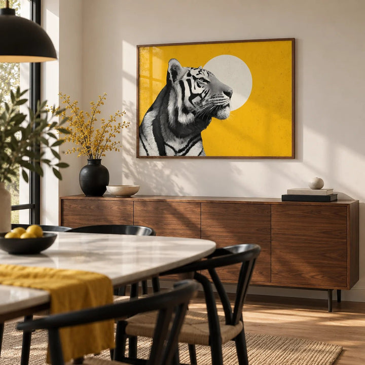 Landscape Tiger Wall Art, framed on the wall of a modern dining room