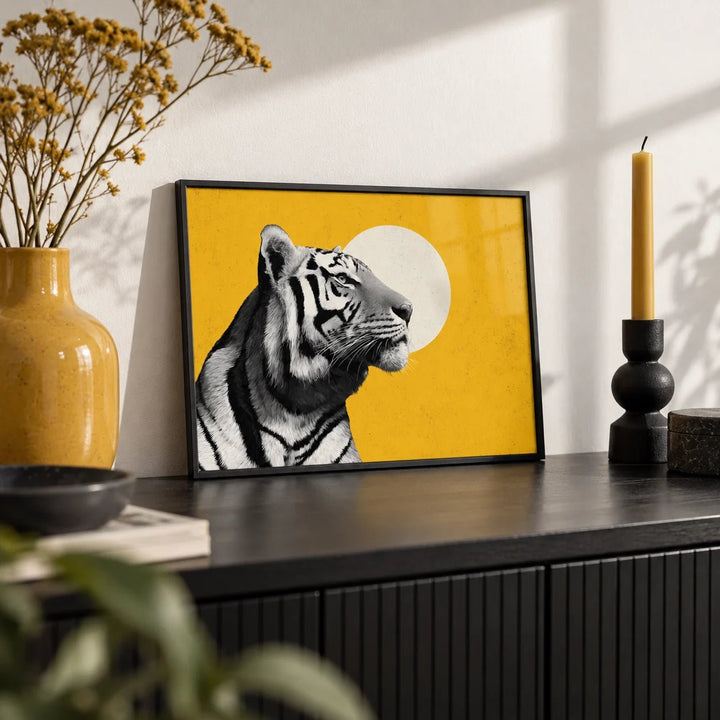 Landscape Tiger Wall Art, a small A4 framed print leaning on a black sideboard in a living room