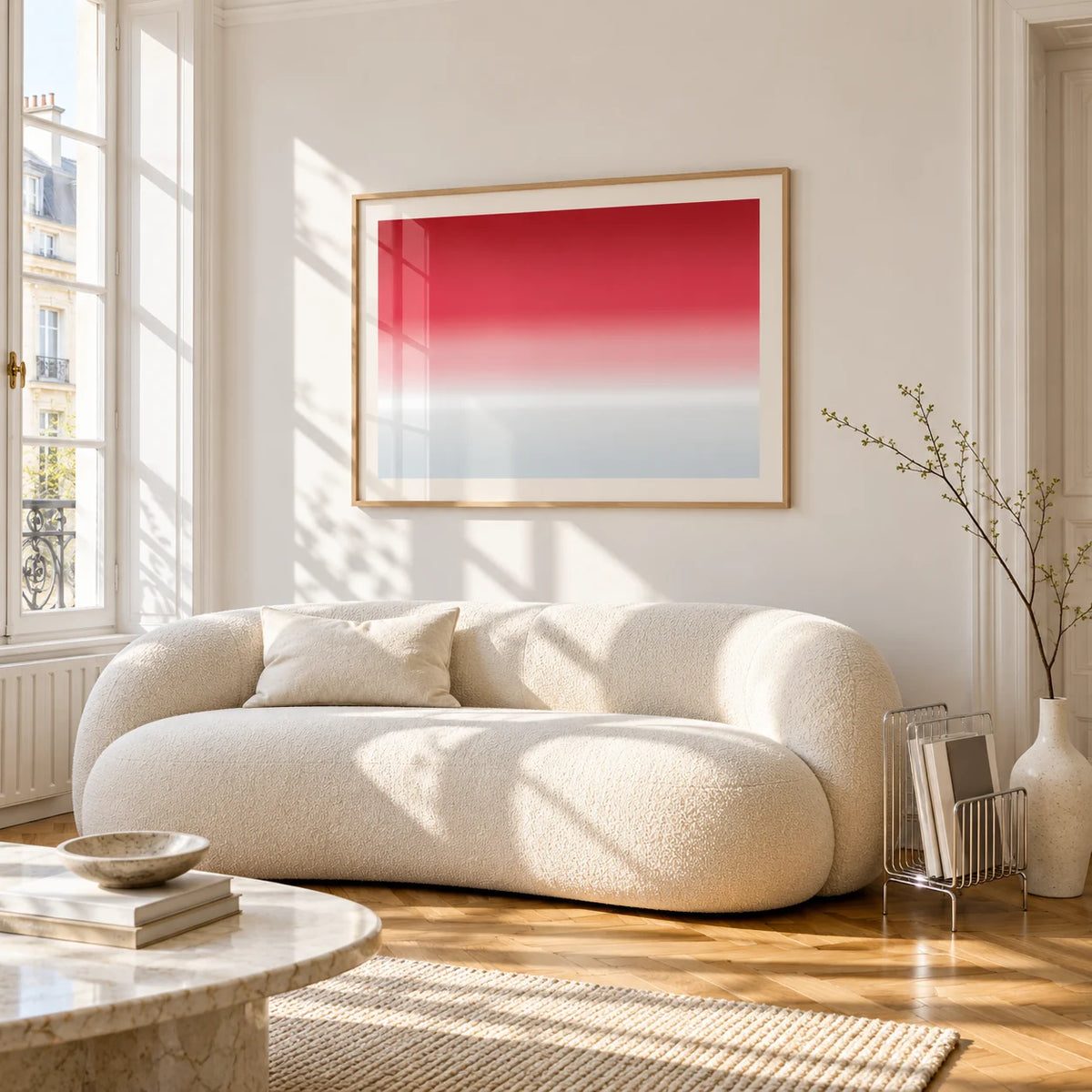 Cherry Ice Horizon Print, framed on the wall of a bright living room corner