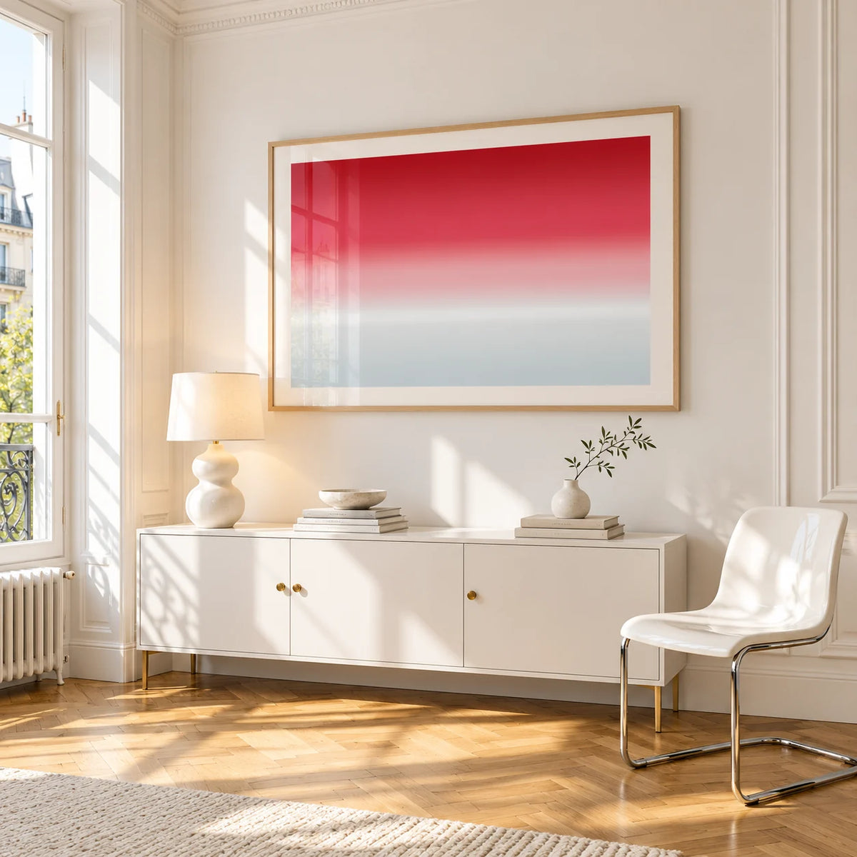 Cherry Ice Horizon Print, framed on the wall of a bright Paris style apartment in a living room