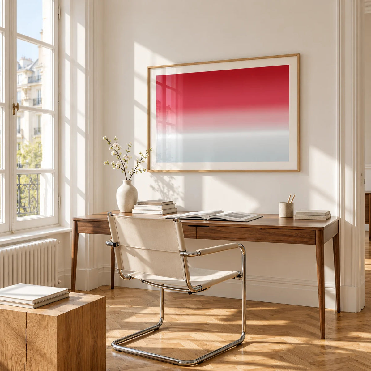 Cherry Ice Horizon Print, framed on the wall of a bright study corner with a tall white paned window