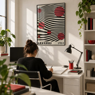 Large Bauhaus Wall Art, framed on the wall of a graphic designer's home studio in a home office