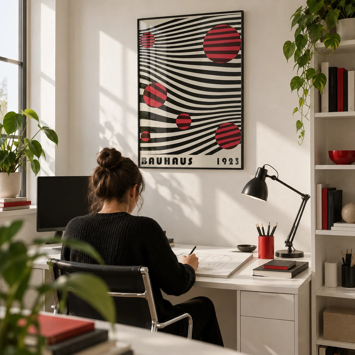 Large Bauhaus Wall Art, framed on the wall of a graphic designer's home studio in a home office
