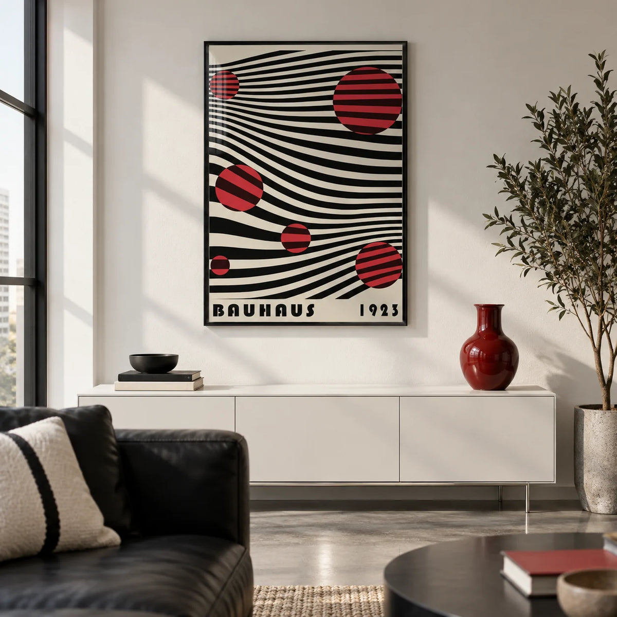 Large Bauhaus Wall Art, framed on the wall of a modern city-flat living room with a polished concrete floor